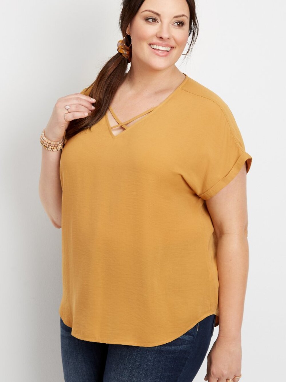 Maurices Mustard Yellow Plus Size Solid Lattice Neck Short Sleeve Blouse